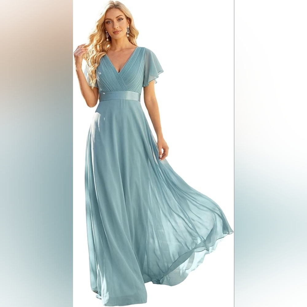Ever Pretty Sage Blue V-Neck Chiffon Maxi Dress Turquoise Color